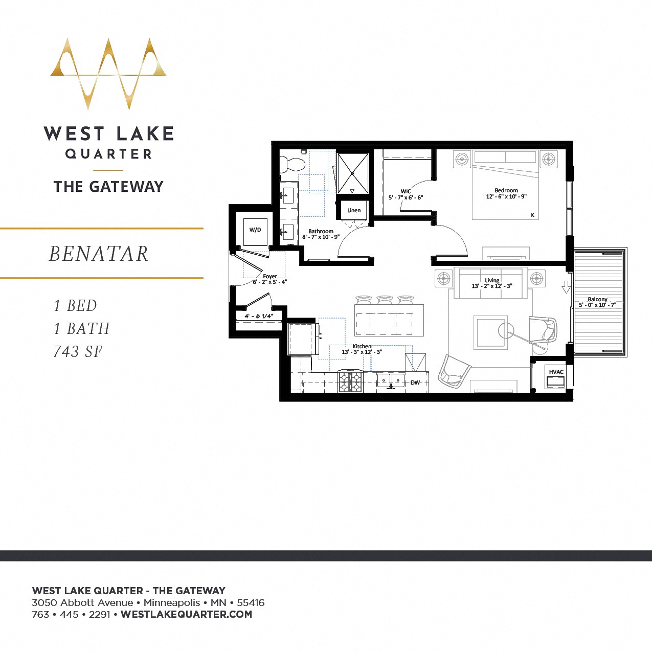 Benatar one bedroom floor plan at The Gateway at West Lake Quarter in Minneapolis, MN