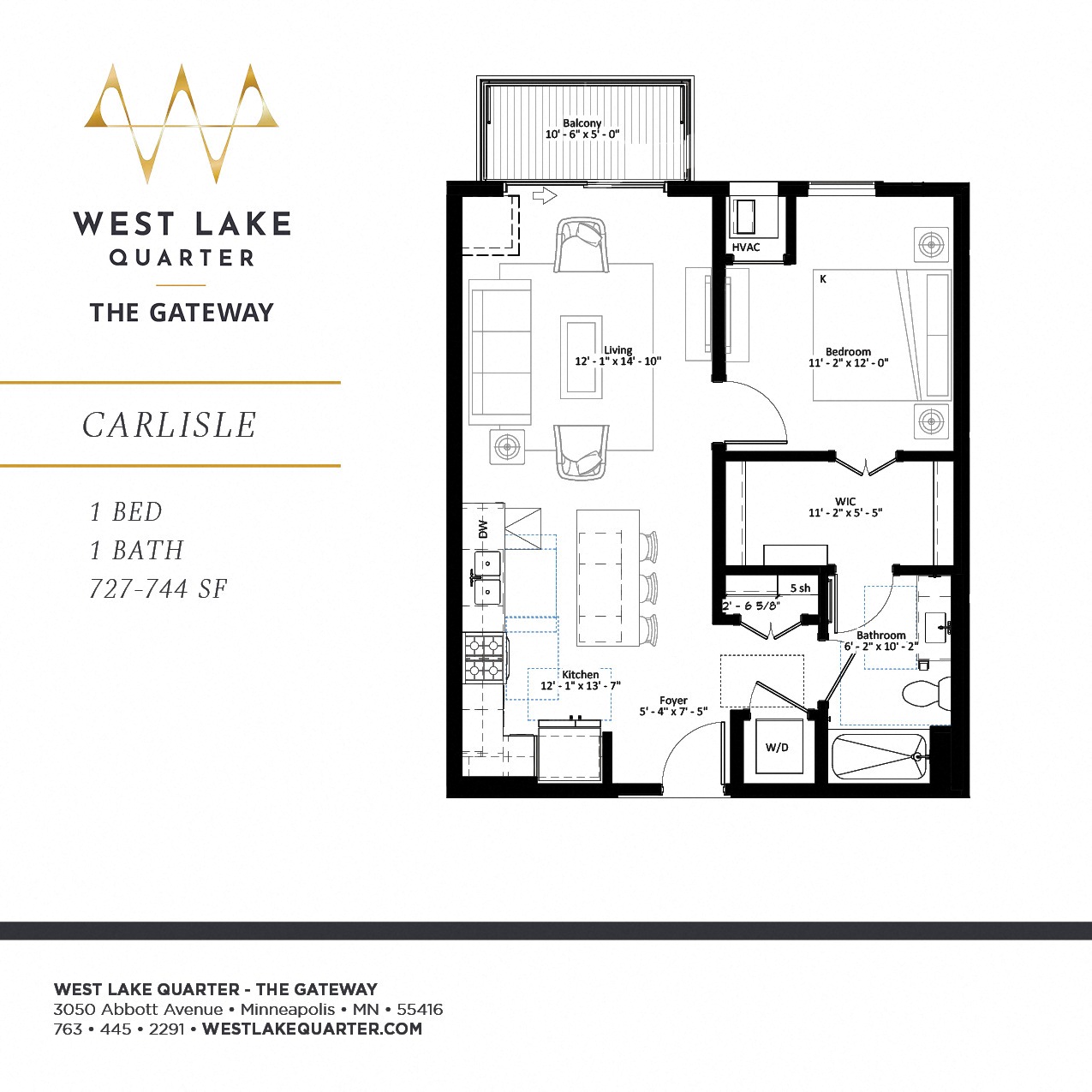 Carlisle one bedroom floor plan at The Gateway at West Lake Quarter in Minneapolis, MN