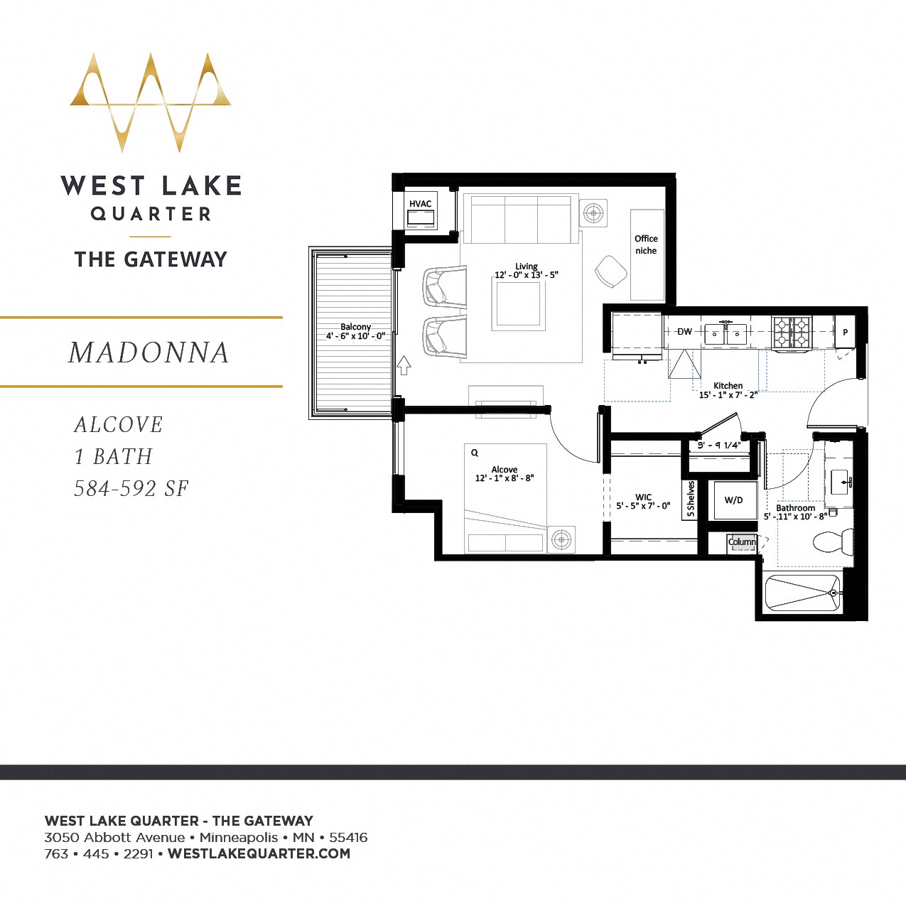Madonna one bedroom floor plan at The Gateway at West Lake Quarter in Minneapolis, MN