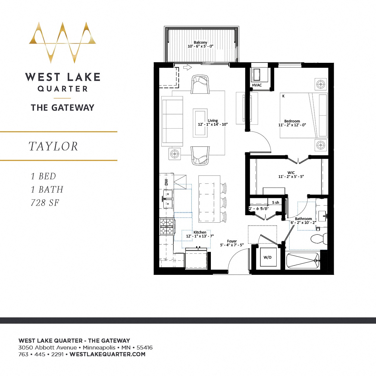 Taylor one bedroom floor plan at The Gateway at West Lake Quarter in Minneapolis, MN