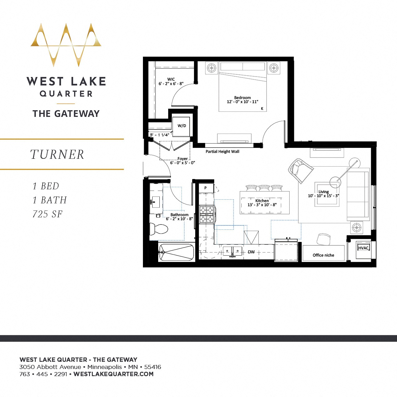 Turner one bedroom floor plan at The Gateway at West Lake Quarter in Minneapolis, MN