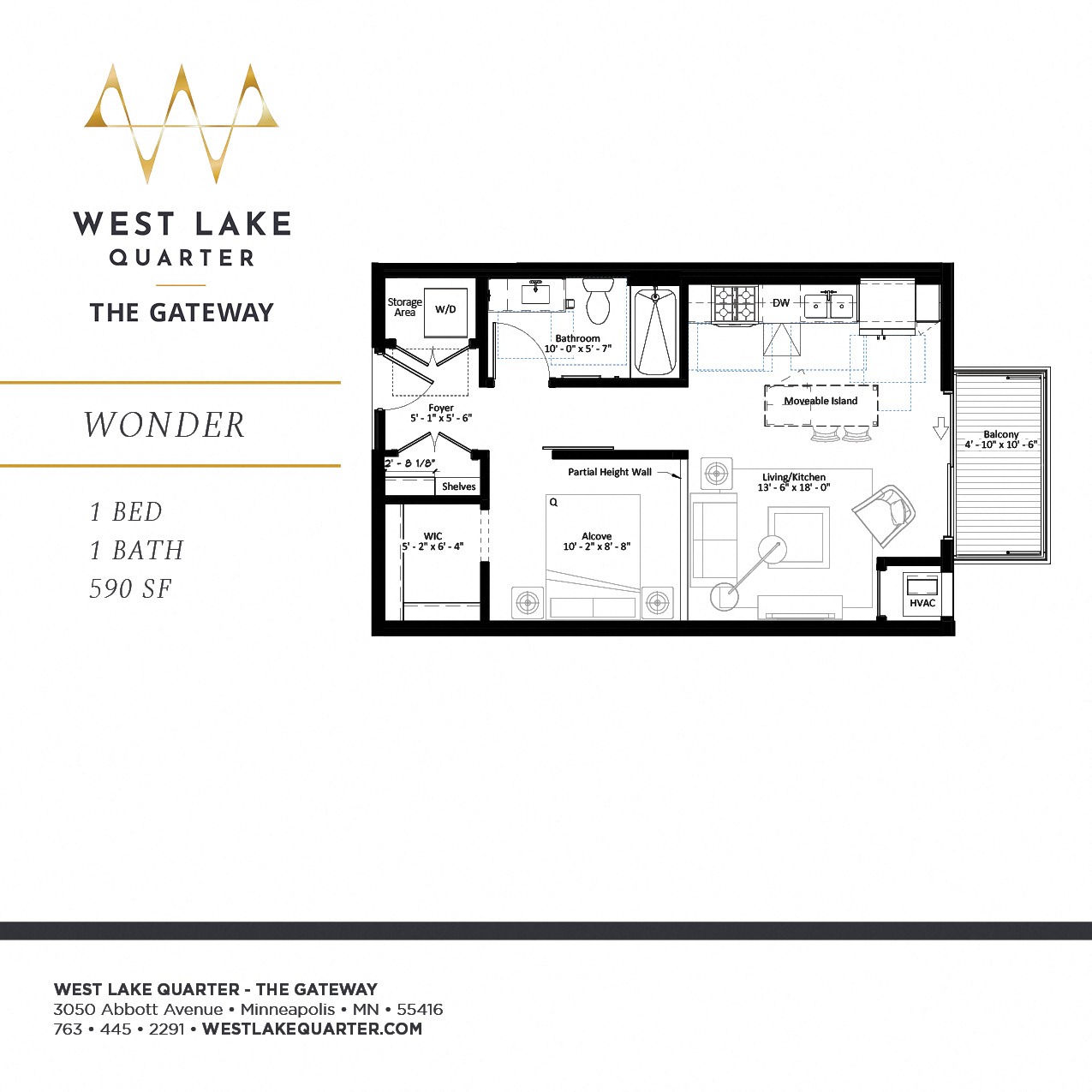 Wonder one bedroom floor plan at The Gateway at West Lake Quarter in Minneapolis, MN