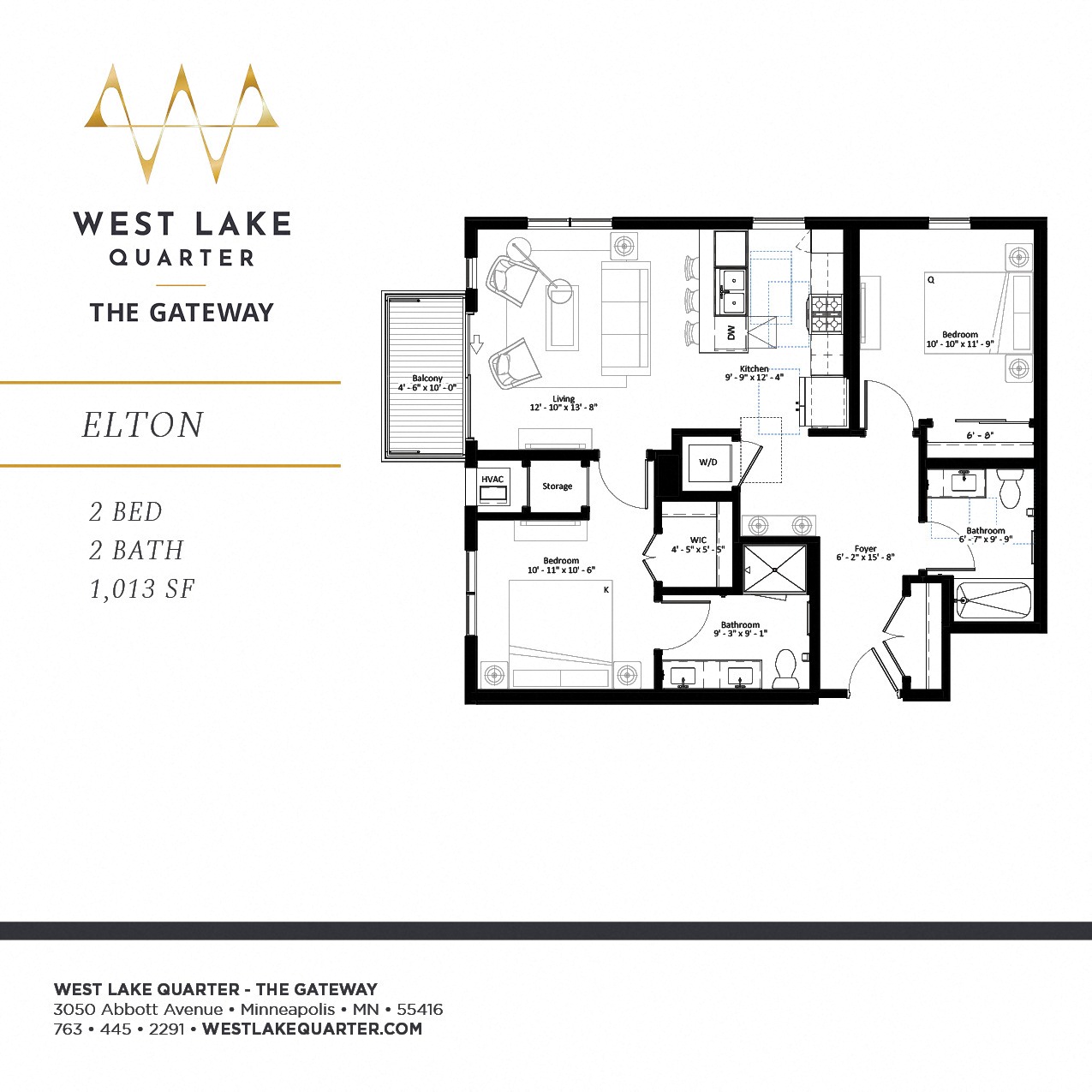 Elton two bedroom floor plan at The Gateway at West Lake Quarter in Minneapolis, MN