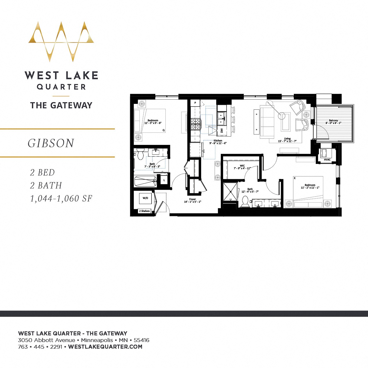 Gibson two bedroom floor plan at The Gateway at West Lake Quarter in Minneapolis, MN