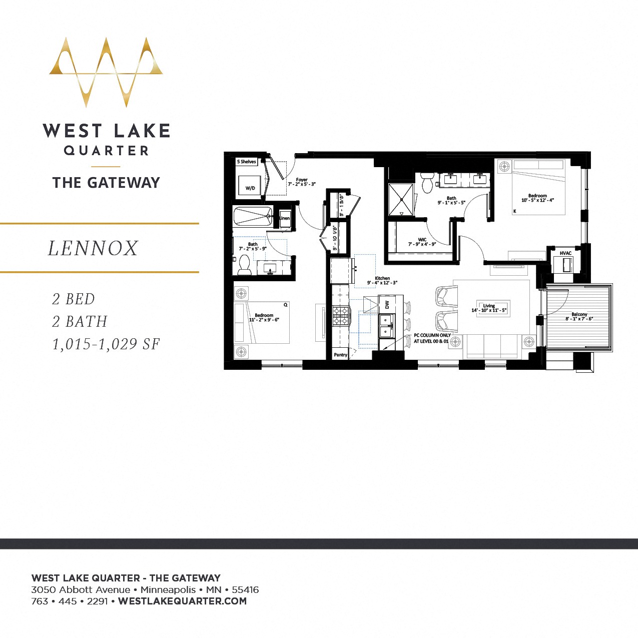 Lennox two bedroom floor plan at The Gateway at West Lake Quarter in Minneapolis, MN
