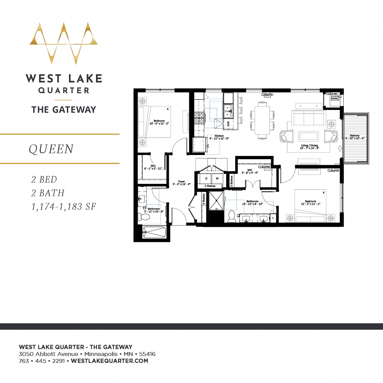 Queen two bedroom floor plan at The Gateway at West Lake Quarter in Minneapolis, MN