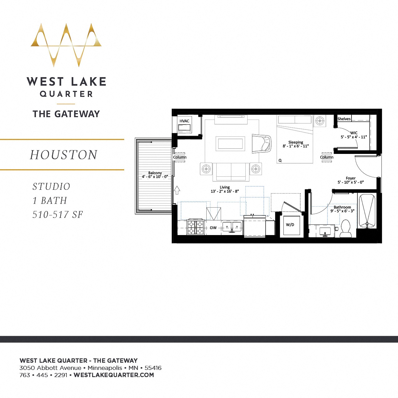 Houston studio floor plan at The Gateway at West Lake Quarter in Minneapolis, MN