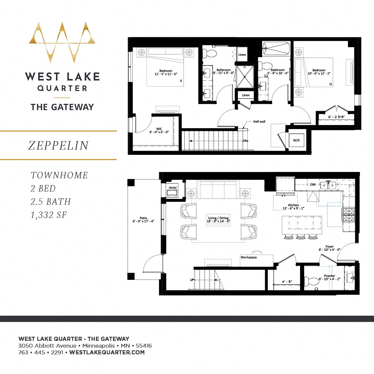 Zeppelin two bedroom townhome floor plan at The Gateway at West Lake Quarter in Minneapolis, MN