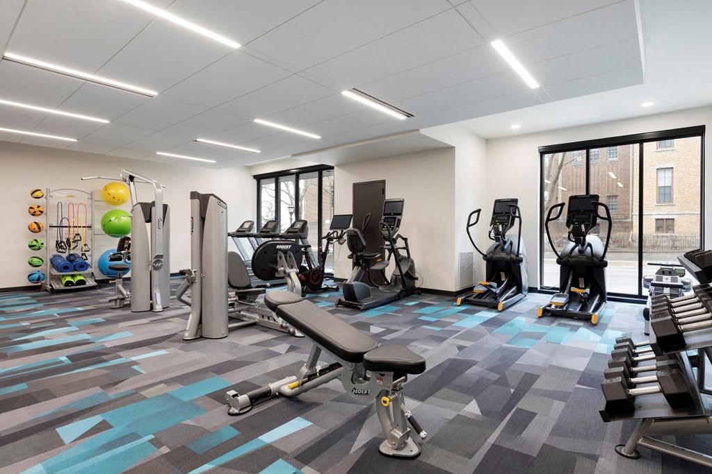 fitness center with free weights at The Hill Apartments, Saint Paul, MN, 55102
