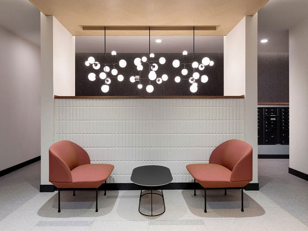 Lobby Lounge with Modern Decor and Details  at The Hill Apartments, Saint Paul, MN