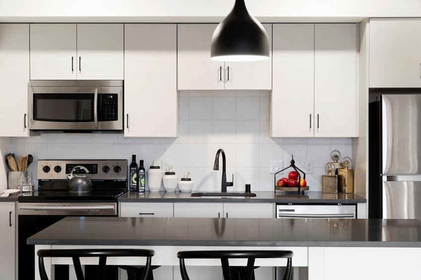 White Cabinetry With Sleek, Silver Appliances at The Hill Apartments, Saint Paul, Minnesota - Photo Gallery 1