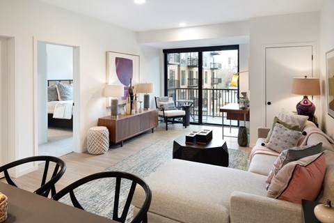 Spacious living room with wood look flooring