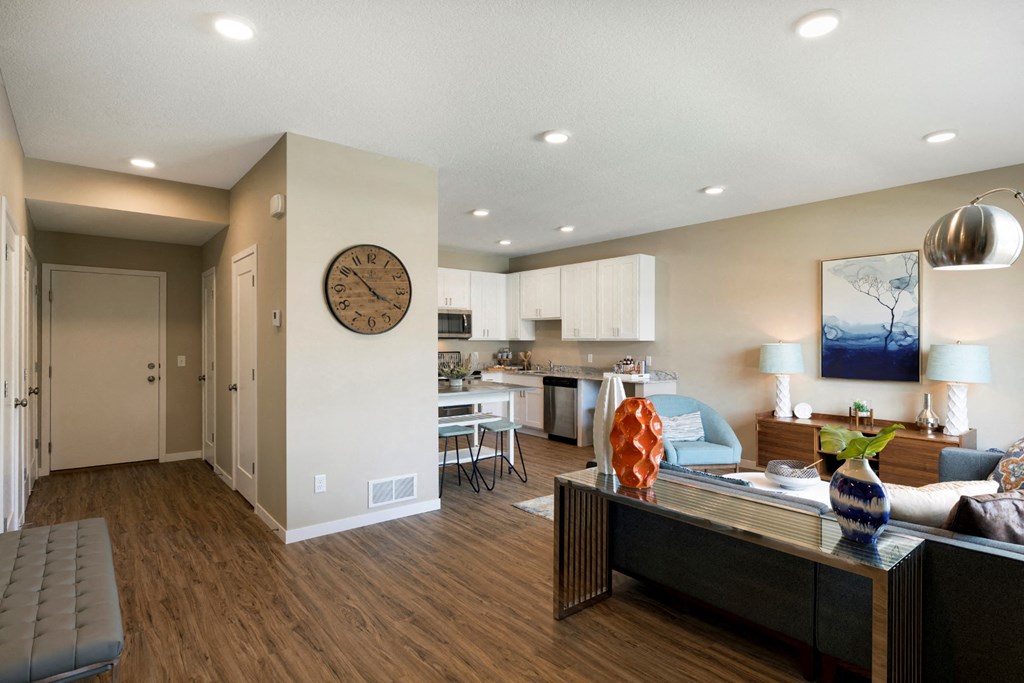 Living room and kitchen at The Liberty Apartments in Golden Valley MN