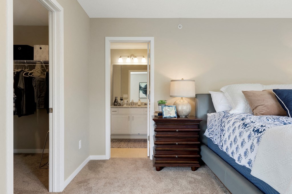 Master bed and bath at The Liberty Apartments and Townhomes in Golden Valley Minnesota