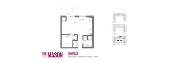 A floor plan for a one bedroom apartment at The Mason Apartments.