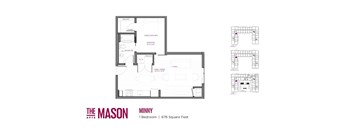 A floor plan for a one bedroom apartment at The Mason Apartments.
