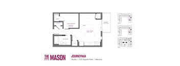 A floor plan of a studio apartment at The Mason Apartments.