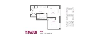 A floor plan of a studio apartment with a kitchen, bathroom, and living room.