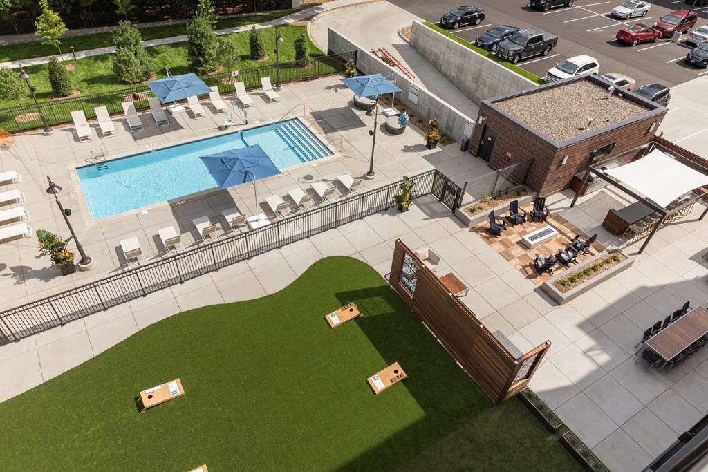 Aerial View of Pool and Patio at The McMillan Apartments in Shoreview, MN 55126