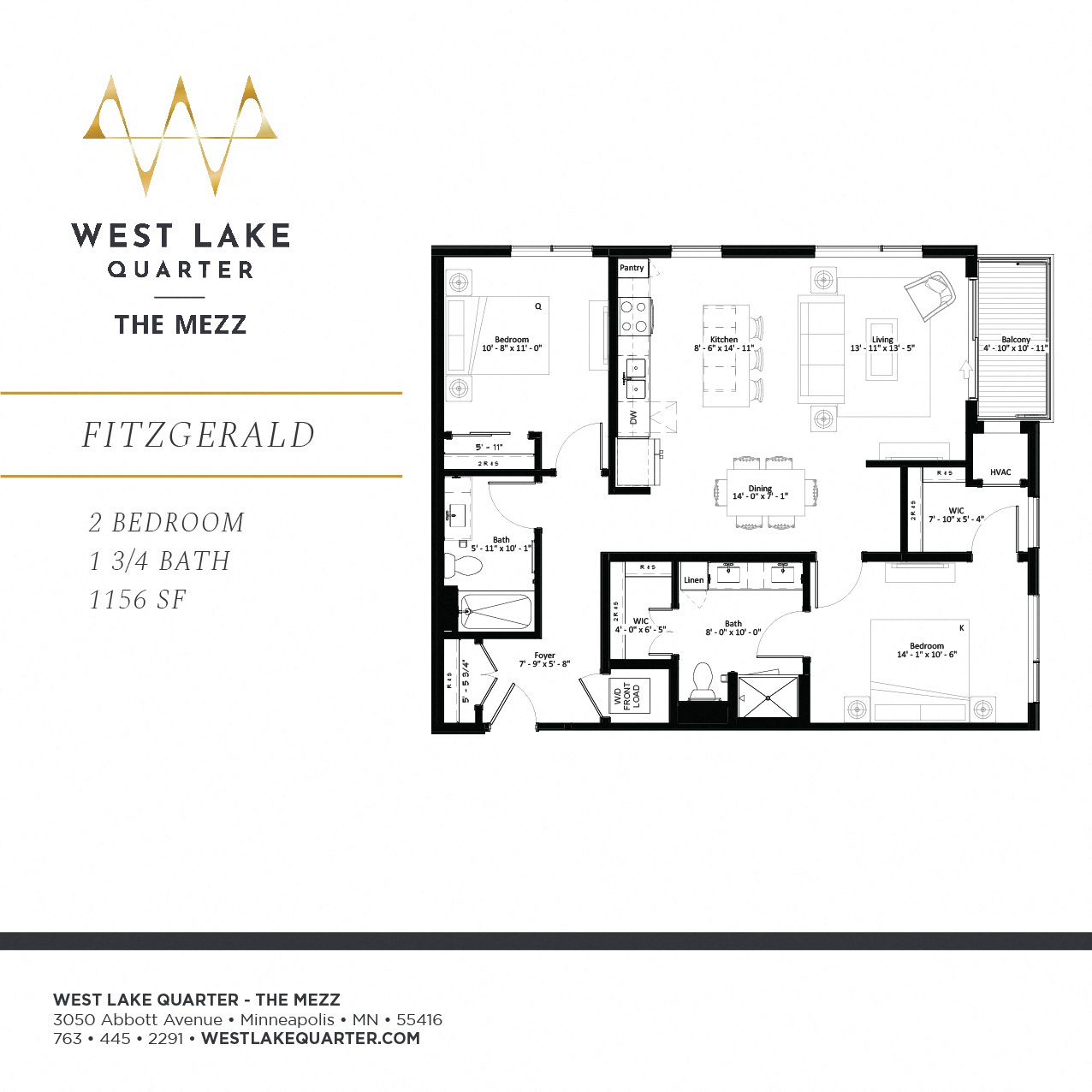 Fitzgerald two bedroom floor plan with balcony at The Mezz at West Lake Quarter in Minneapolis, MN