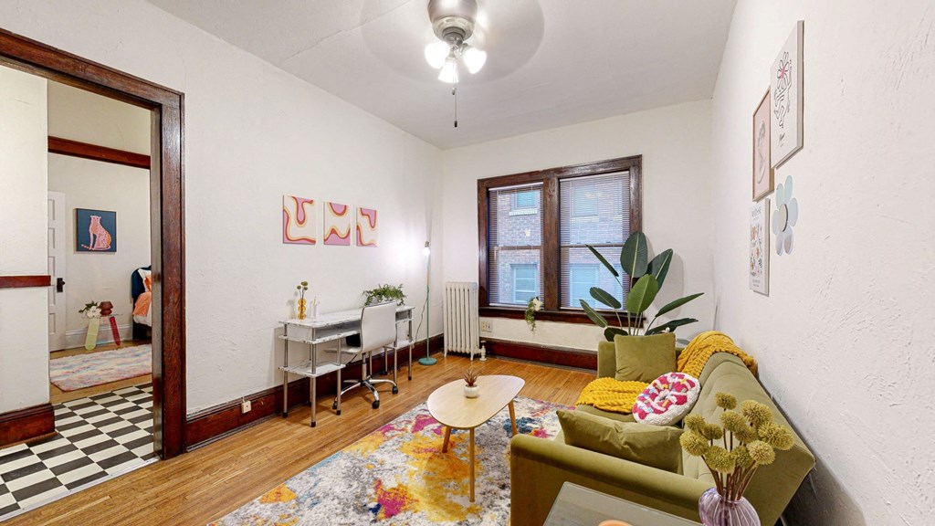 a living room with a couch and a table