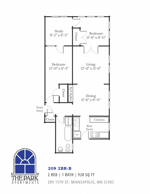 Floor Plan Layout for the 2 Bedroom 2 Bath with The Park Apartments Logo in the Bottom Corner  The Park Apartments in Minnesota, 55403
