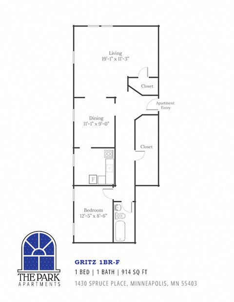 Gritz Floor Plan 1 Bedroom Floor Plan at the Park Apartments in Minneapolis, Minnesota, 55403