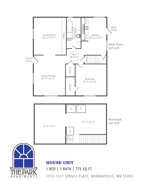 A floor plan for a 1 bedroom, 1 bathroom apartment sized at 775 square feet.