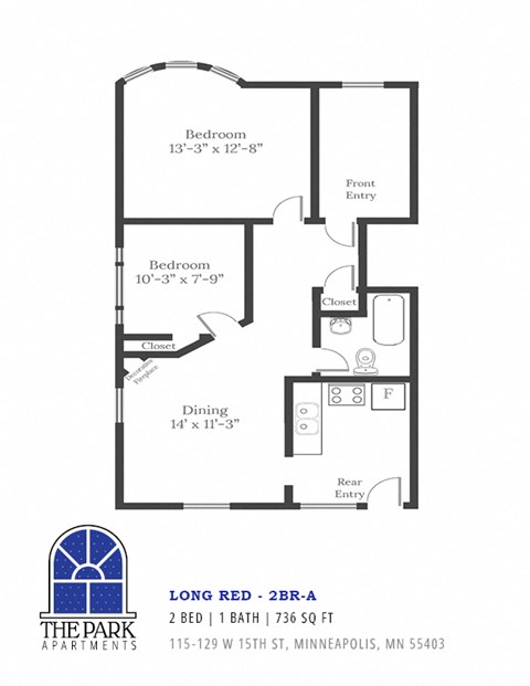 Floor Plan Layout Blue Prints of the Long Red 2 Bedroom Apartment at The Park Apartments in Minnesota, 55403