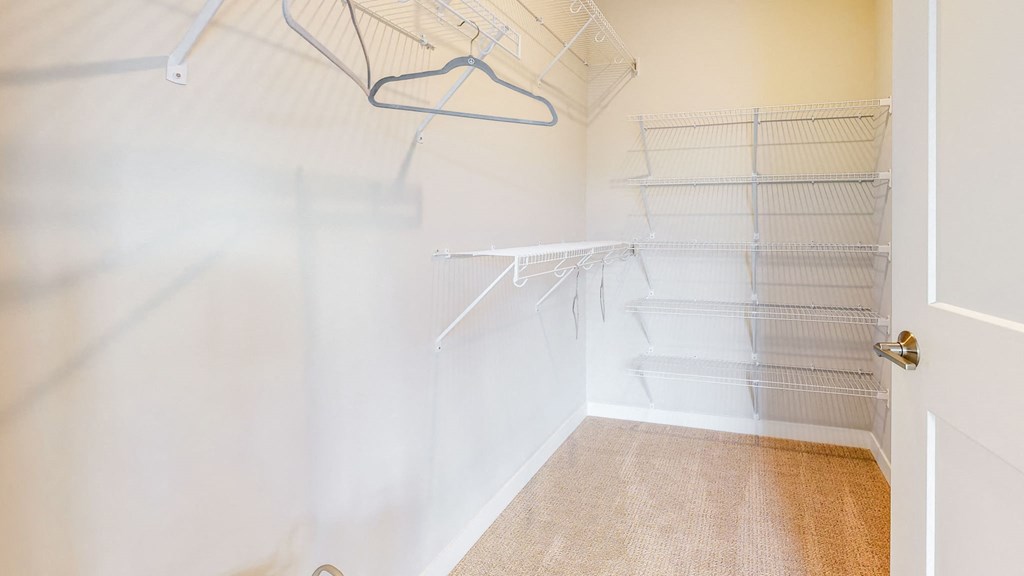 a large closet with white walls and shelves and a white door
