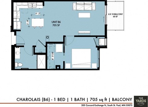 a floor plan of a bedroom apartment at The Yards and Backyards, Saint Paul, 55075