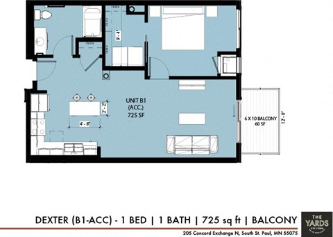 1 bed 1 bath floor plan Qat The Yards, Minnesota