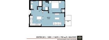 a floor plan of 1 bed 1 bath apartment