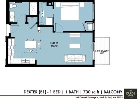 a floor plan of 1 bed 1 bath apartment