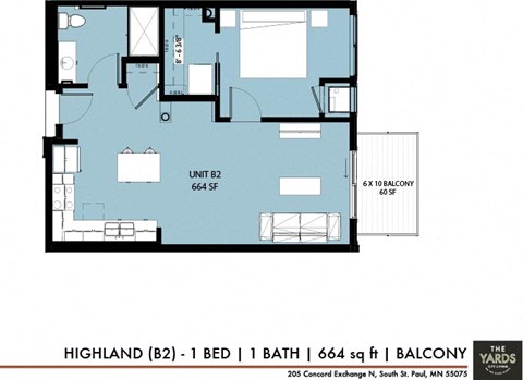 1 bed 1 bath floor plan A at The Yards, South St. Paul, MN