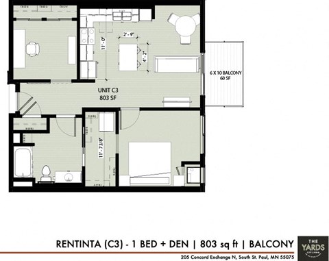 a floor plan of a small apartment at The Yards and Backyards, Saint Paul, 55075