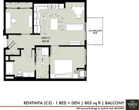 1 bed 1 bath floor plan O at The Yards, South St. Paul, Minnesota