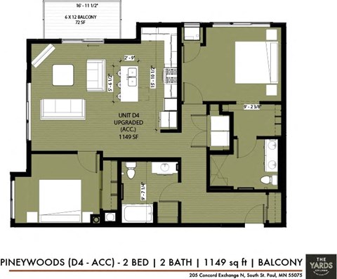 a floor plan of a bedroom apartment at The Yards and Backyards, Minnesota