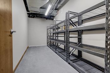 a room with storage shelving in it