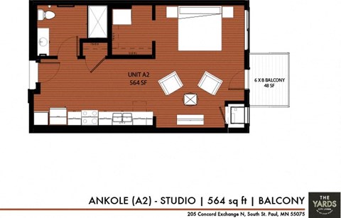 Studio 1 bath floor plan a at The Yards, Minnesota