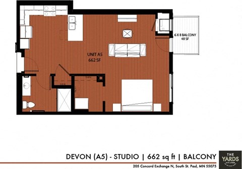 Studio 1 bath floor plan D at The Yards, South St. Paul, MN