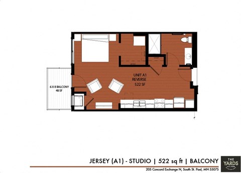 a floor plan of a small apartment at The Yards and Backyards, Saint Paul
