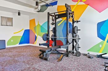 a fitness room with weights and cardio equipment in a room with colorful walls