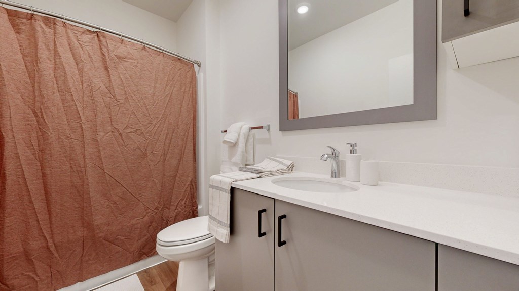 A bathroom with a toilet, sink, and shower curtain.
