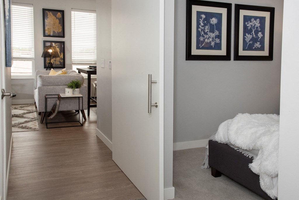 UPII foley alcove floor plan - bedroom barn door at Urban Park I and II Apartments, St Louis Park, Minnesota