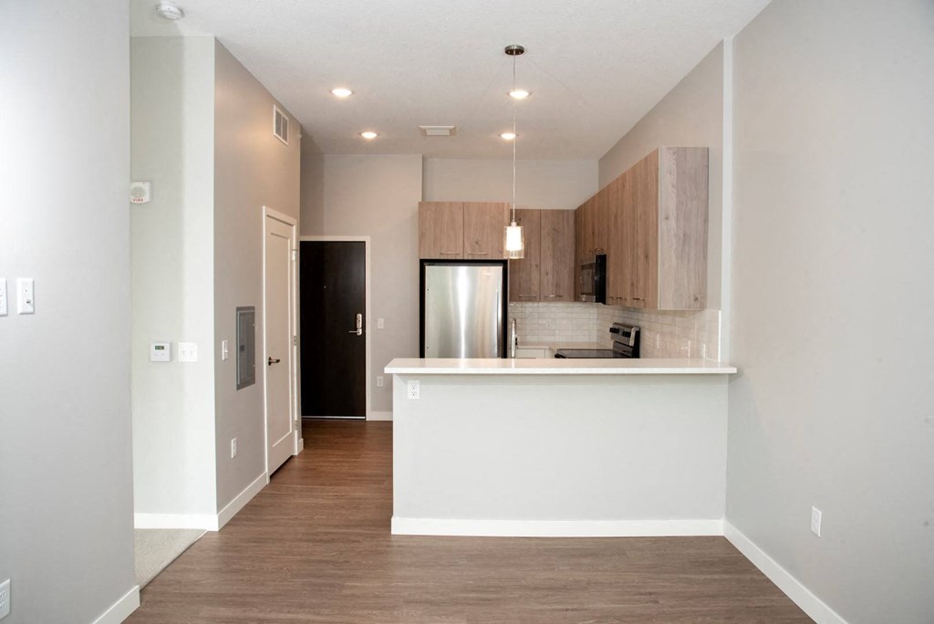 Urban Park II - Nordic StudioNordic living room, floating tv wall, kitchen and washer/dryer at Urban Park I and II Apartments, St Louis Park, MN, 55426