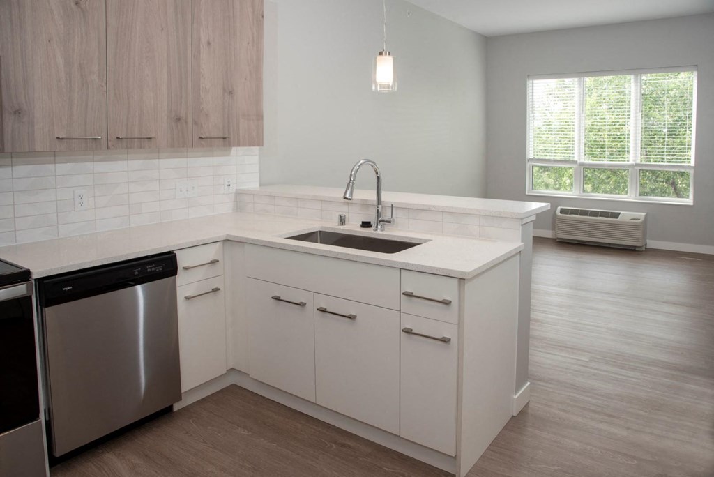 Nordic kitchen and living room view - spacious at Urban Park I and II Apartments, Minnesota