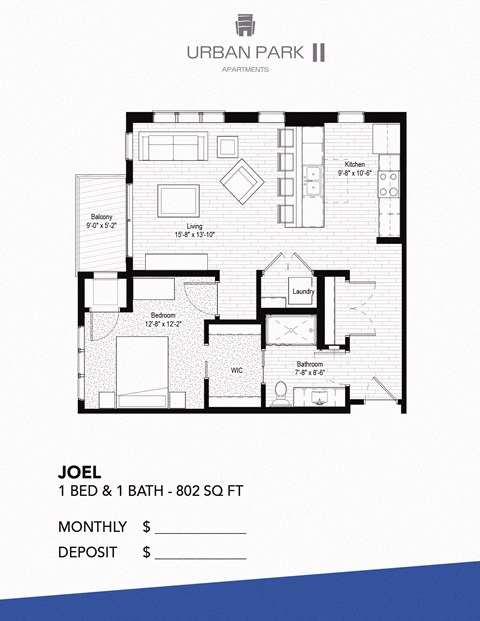 1 bedroom floor plan drawing, joel at Urban Park I and II Apartments, St Louis Park, Minnesota