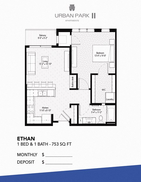 1 bedroom floor plan drawing, ethan at Urban Park I and II Apartments, St Louis Park, 55426