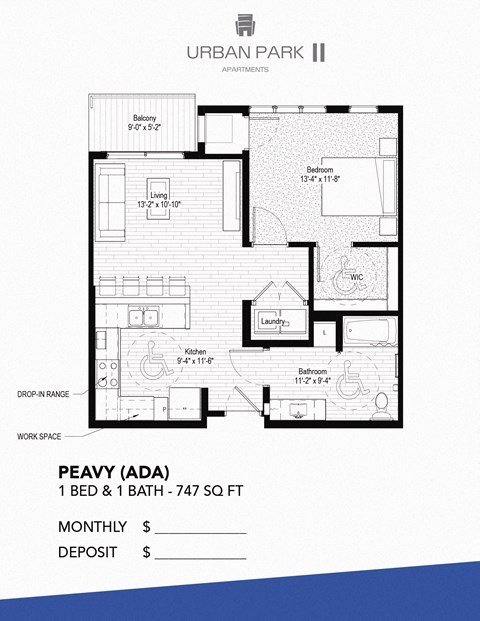 1 bedroom floor plan drawing, ada, peavy at Urban Park I and II Apartments, St Louis Park
